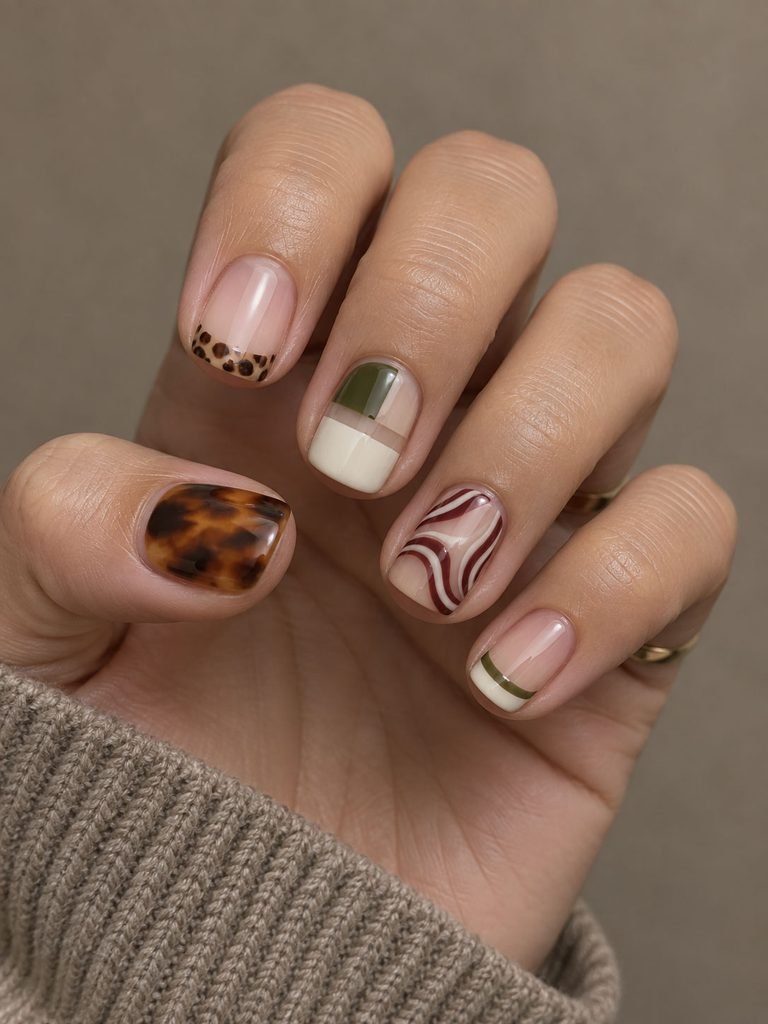 Short nails with tortoiseshell, animal print French tips, color blocks, fine swirls and double French lines