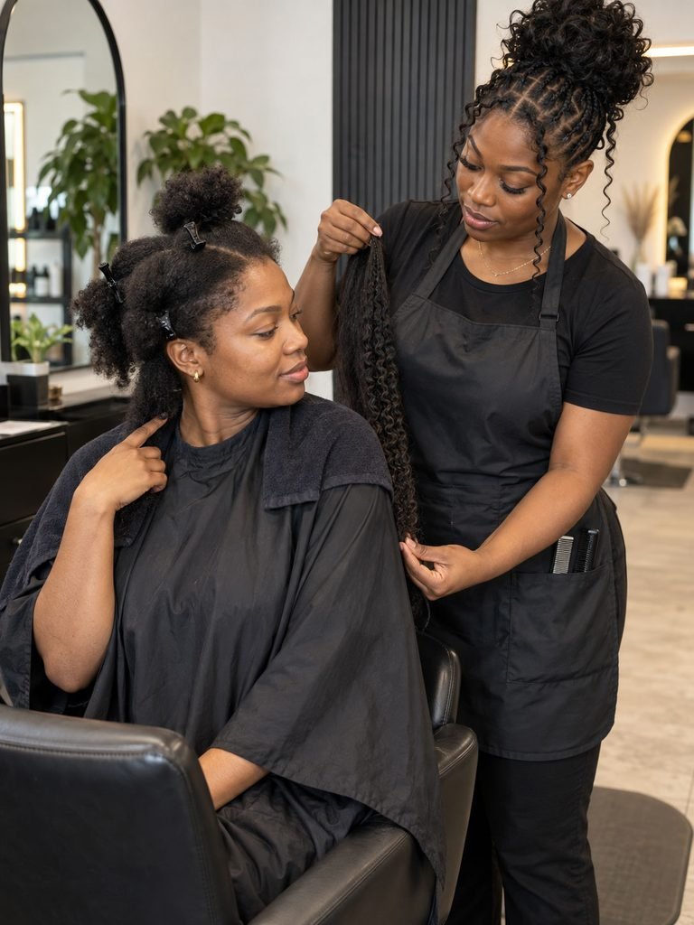 Black woman discussing braid length, size and curl placement with her braider