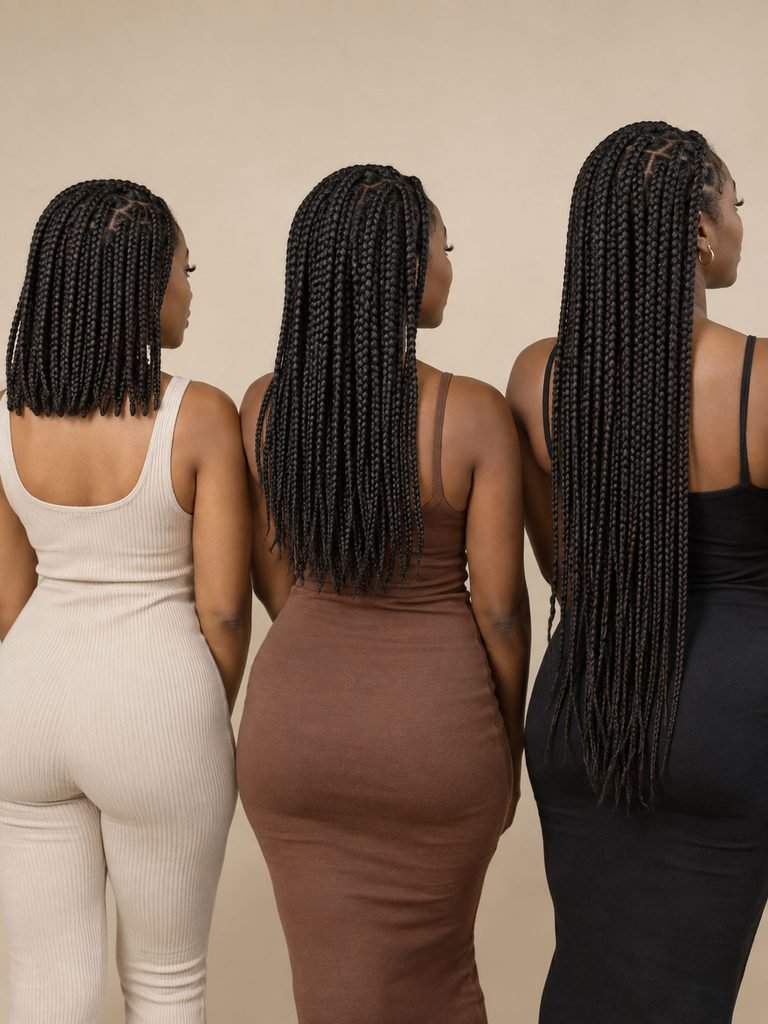 Three Black women comparing shoulder length, mid back and waist length braids