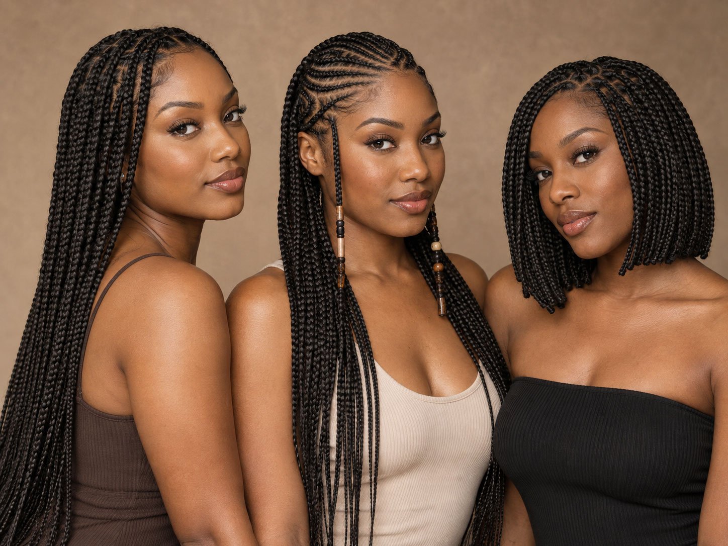 Three Black women wearing knotless braids, Fulani braids and a braided bob