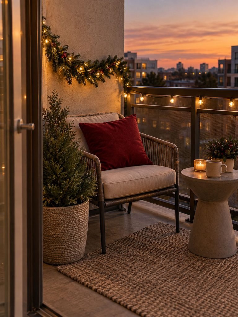 Everyday apartment balcony refreshed for Christmas with one light strand, greenery, and a red cushion