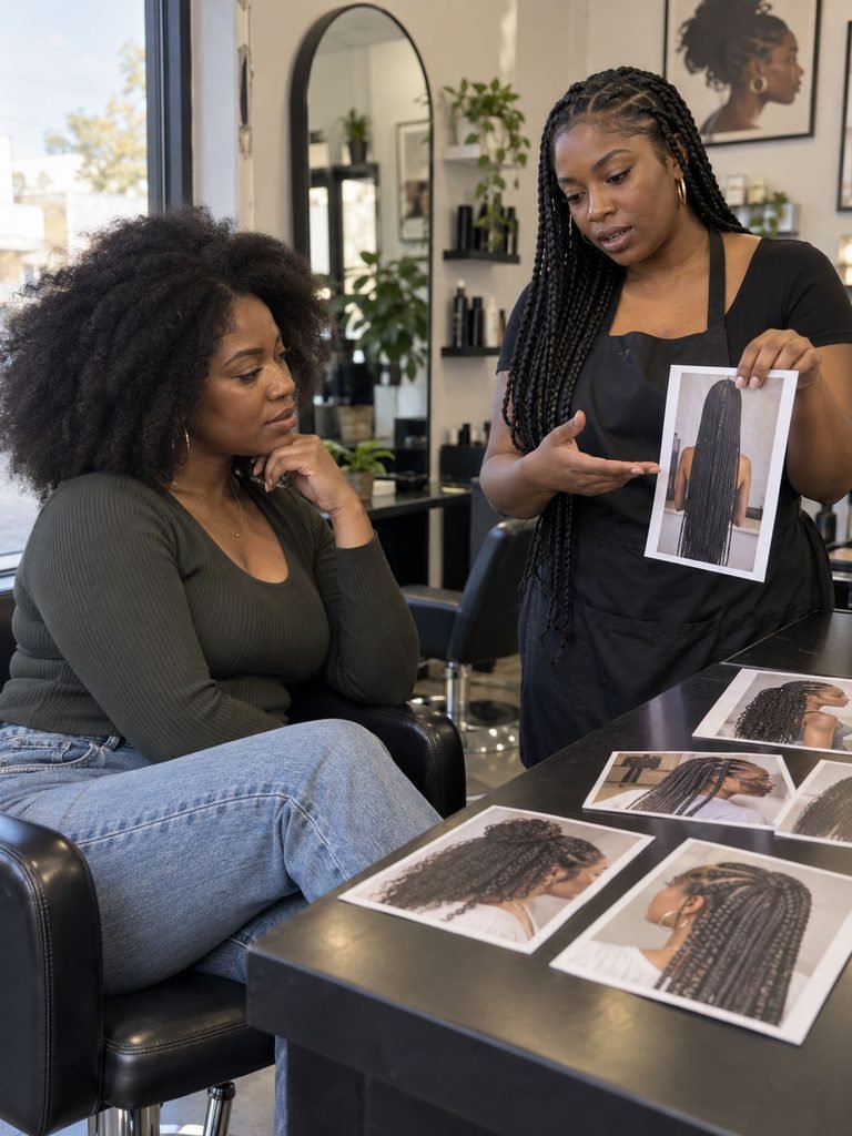 Black woman and braider comparing several braid silhouettes during a salon consultation