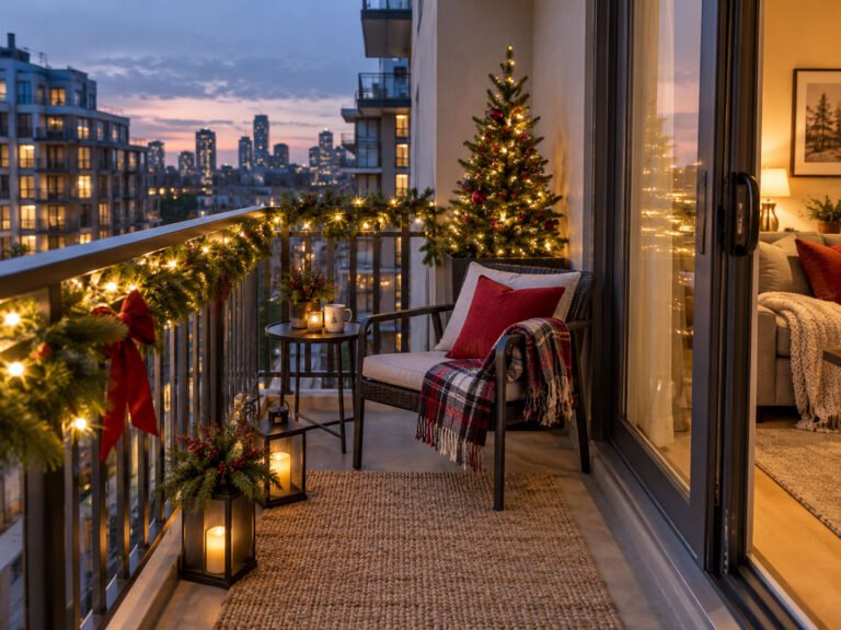 Small apartment balcony decorated with warm Christmas lights, greenery, a mini tree, and one chair