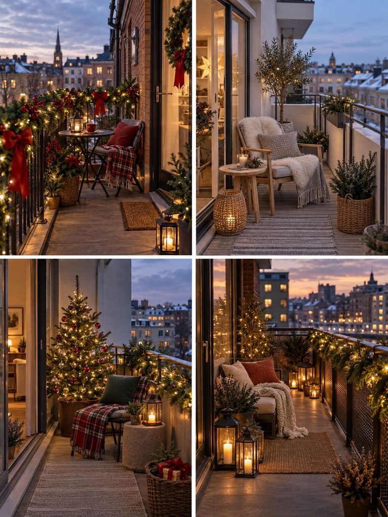 Four small apartment balconies showing different Christmas decorating styles with lights, greenery, trees, and lanterns
