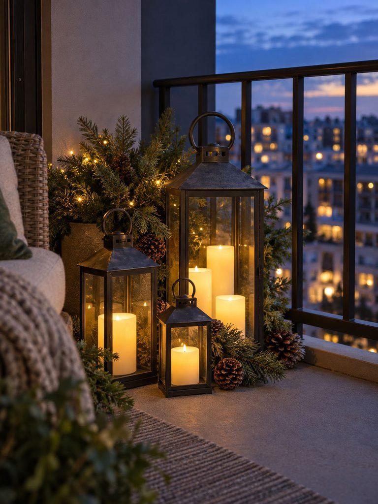Three lanterns with flameless candles grouped beside greenery on a small apartment balcony