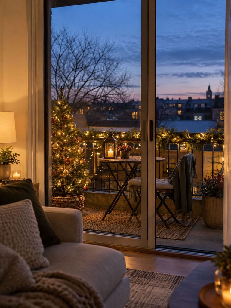 Christmas balcony arranged to be seen through a living room window with lights and a small tree facing inward