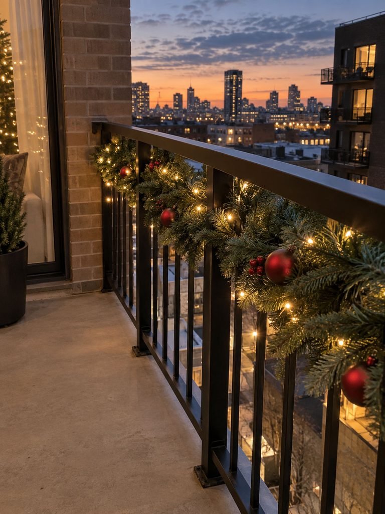 Evergreen garland and warm white Christmas lights secured along the inside of a small balcony railing