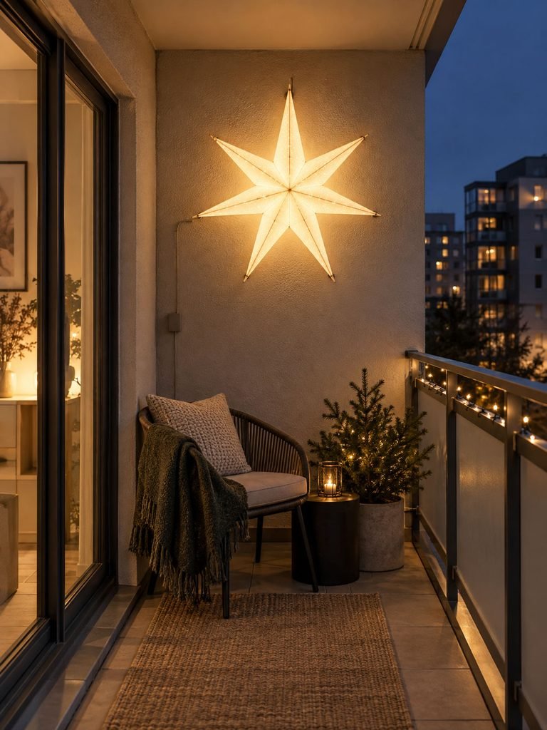 Large simple illuminated star mounted on an interior balcony wall above a small chair and greenery