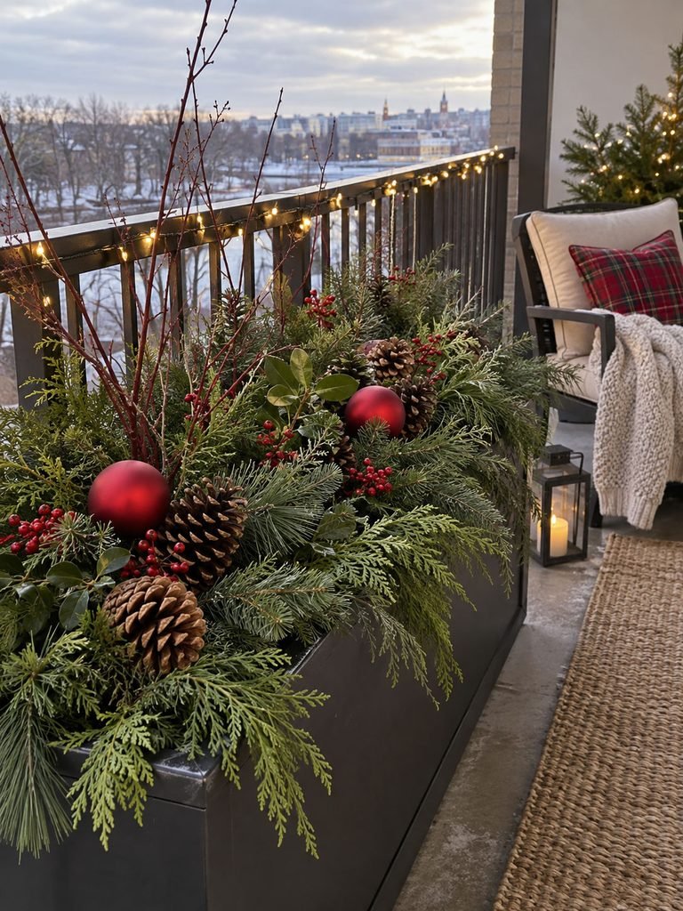 Existing balcony planter filled with evergreen branches, pinecones, and secured red ornaments for Christmas