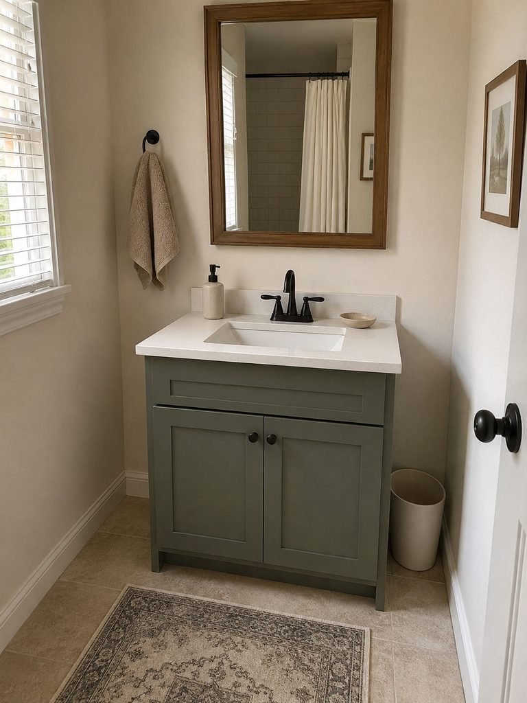 Small bathroom vanity with clear counter, soap dispenser and closed storage below