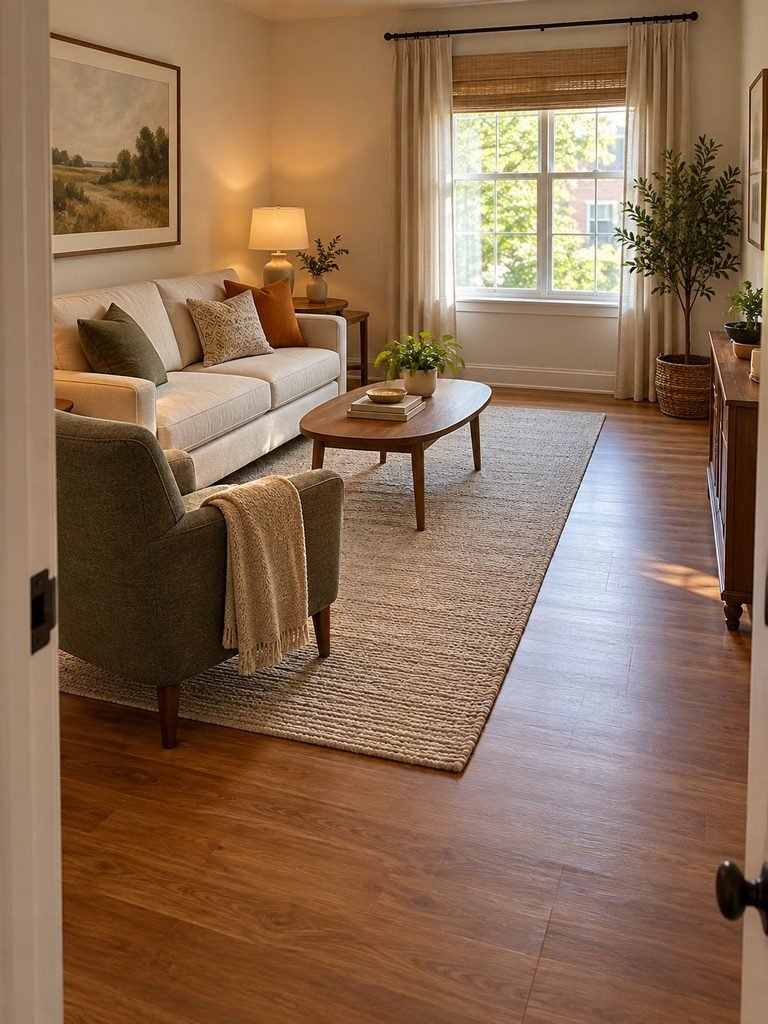 Small living room with grouped seating and an unobstructed path beside the furniture