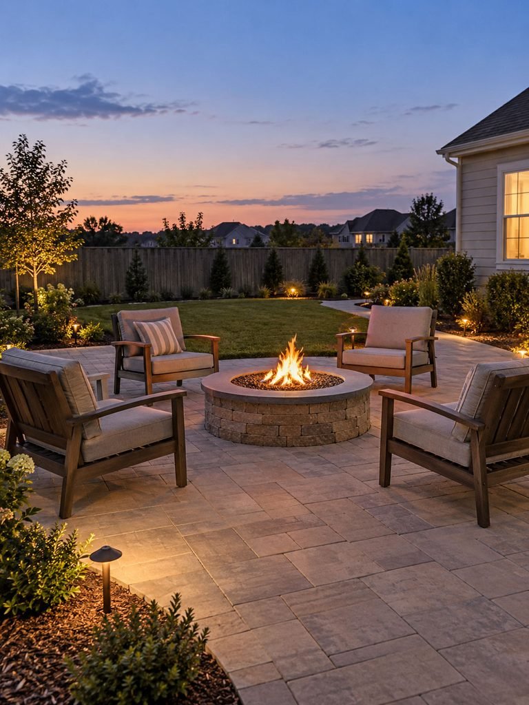 Uncluttered backyard fire pit on pavers with open sky and clear walking space around the chairs