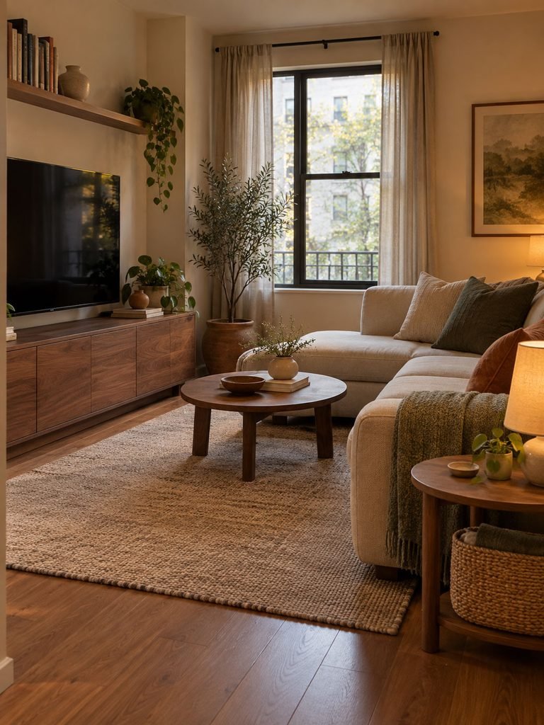 Compact living room with a low closed cabinet, a few books and uncluttered surfaces