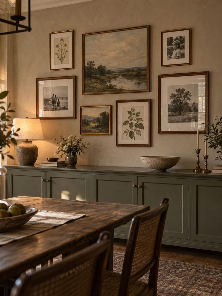 Dining room gallery wall with framed landscapes, family photos and botanical prints