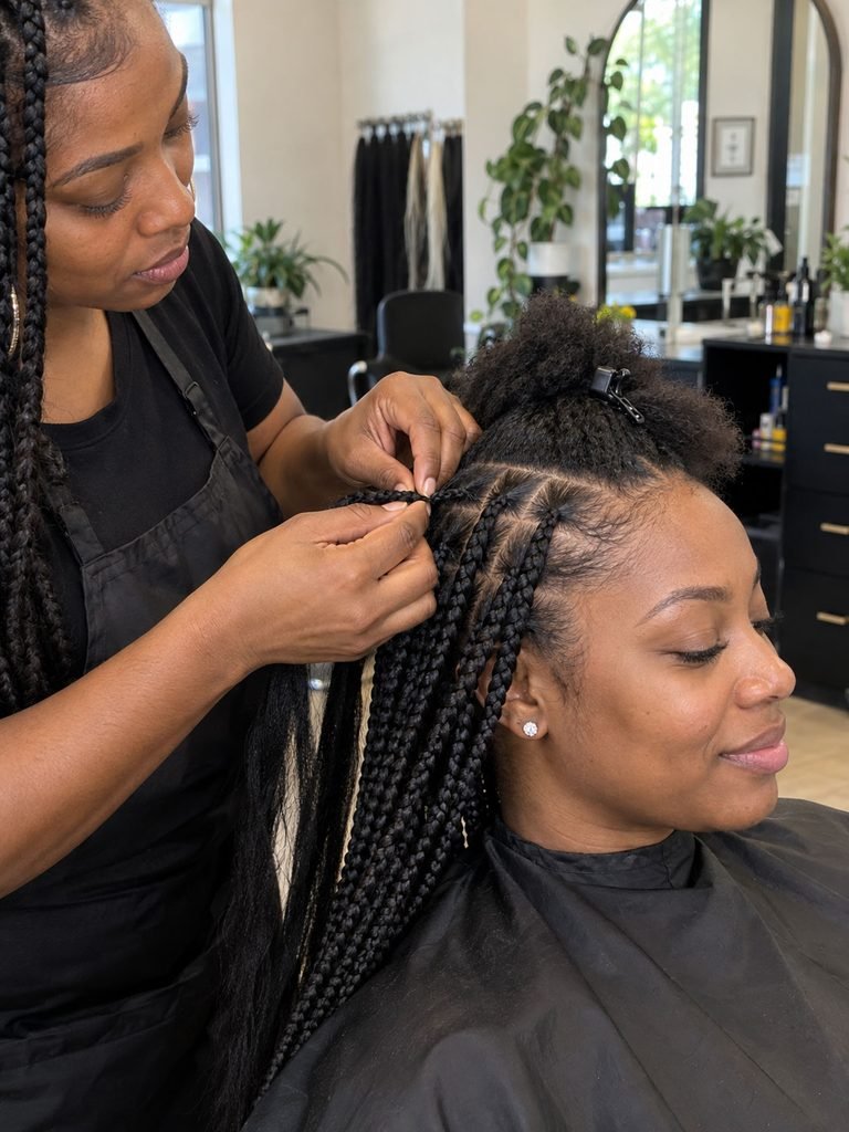 Braider installing medium braids with a relaxed natural hairline and clean scalp sections