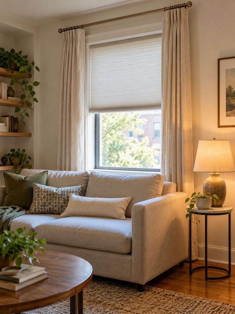 Small living room window with a fitted shade and light curtains kept clear of the seating