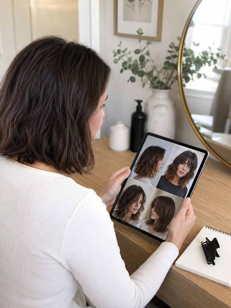 Woman with medium hair comparing haircut reference photos before a salon appointment