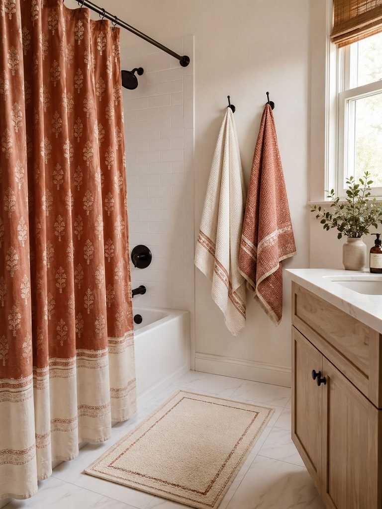 Small bathroom styled with a terracotta shower curtain, cream towels and one simple bath mat