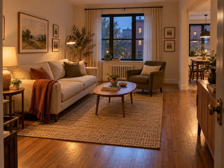 Compact living room with a warm sofa, large rug, wood table and layered lamps