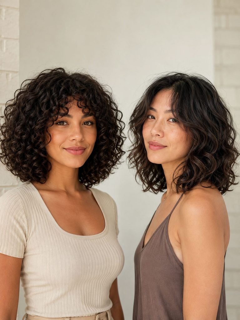 Two women showing rounded curly and softly layered wavy medium haircuts