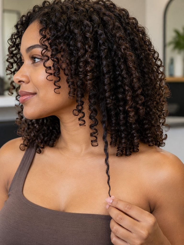 Same woman's curl shown naturally contracted beside a gently stretched section to compare visible length