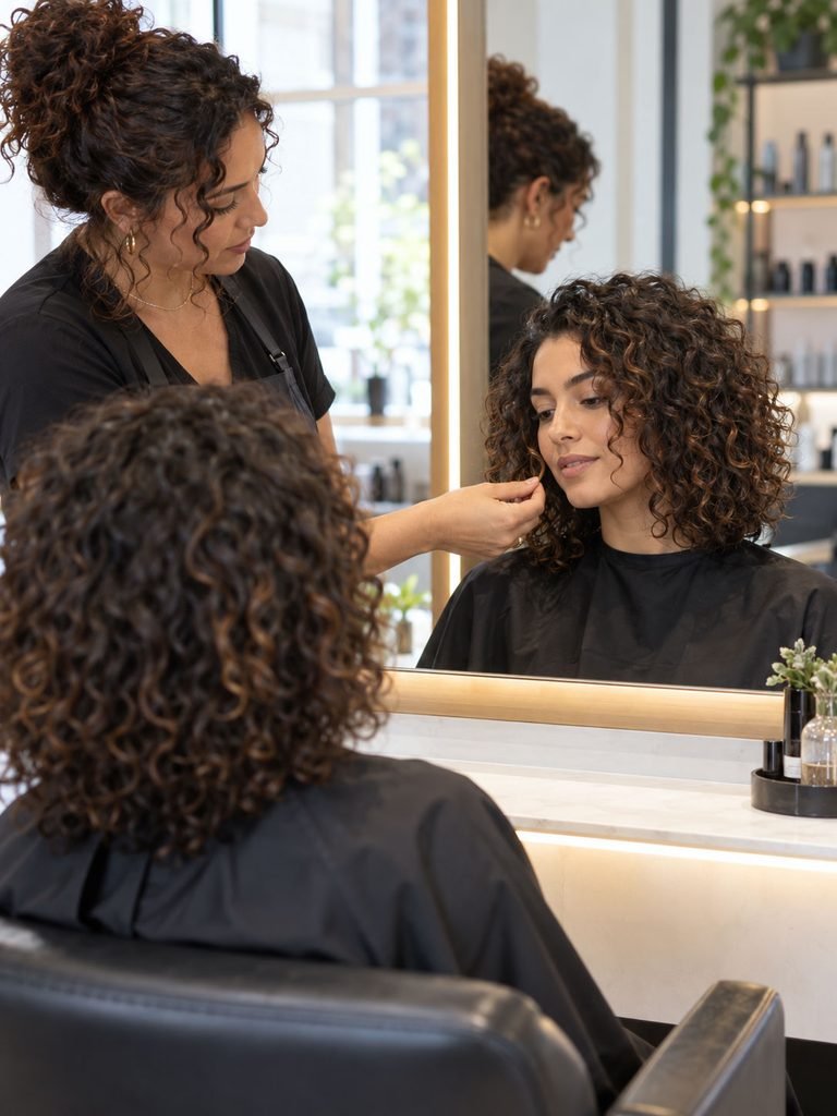 Stylist and client discussing the placement of the shortest layer on natural curly hair