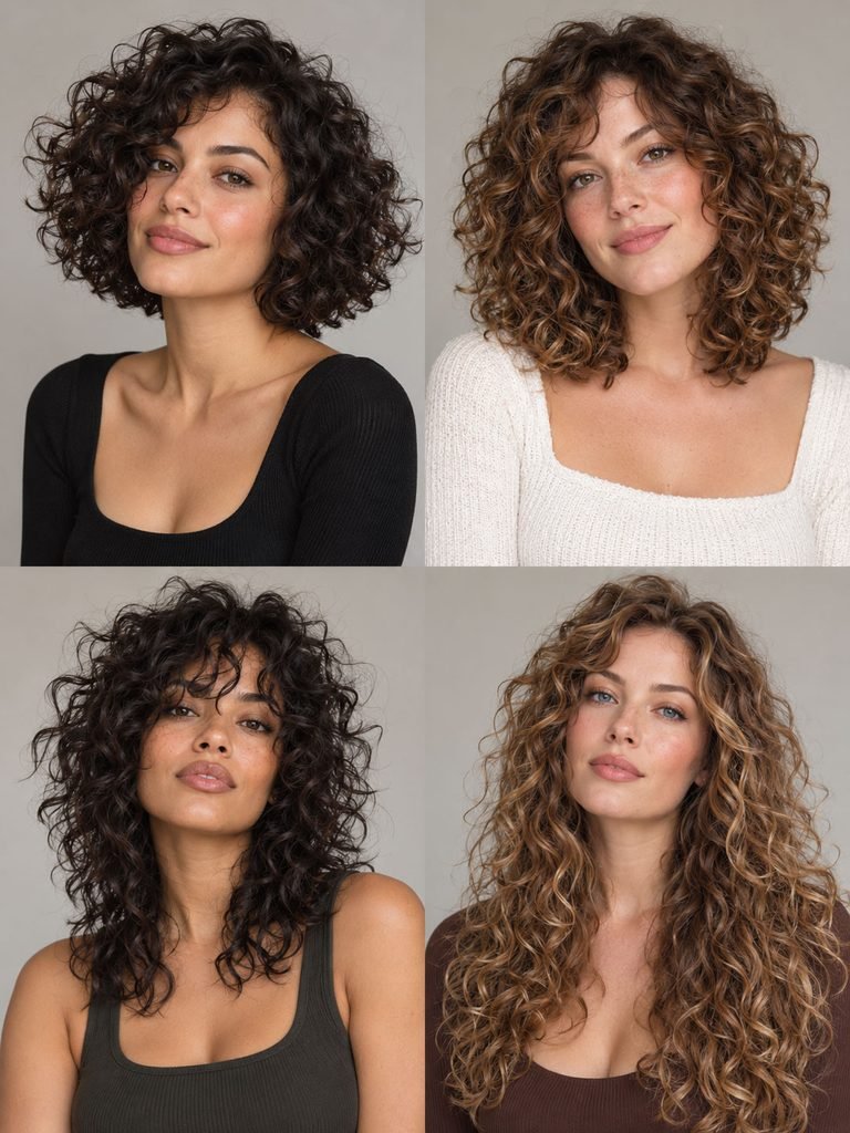 Four curly haircut examples showing a bob, rounded shoulder cut, shag and long subtle layers