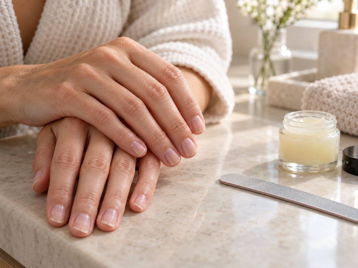 Short natural nails with mild peeling after gel removal beside petroleum jelly and a nail file