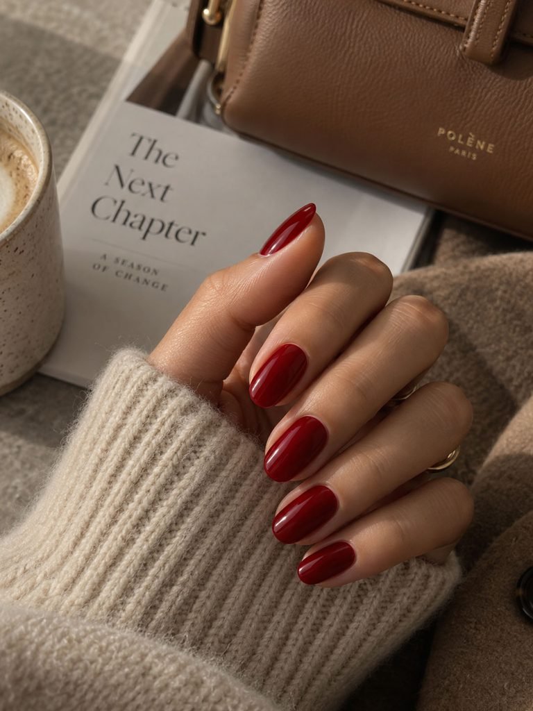 Glossy deep crimson nails styled with cozy neutral fall tones.