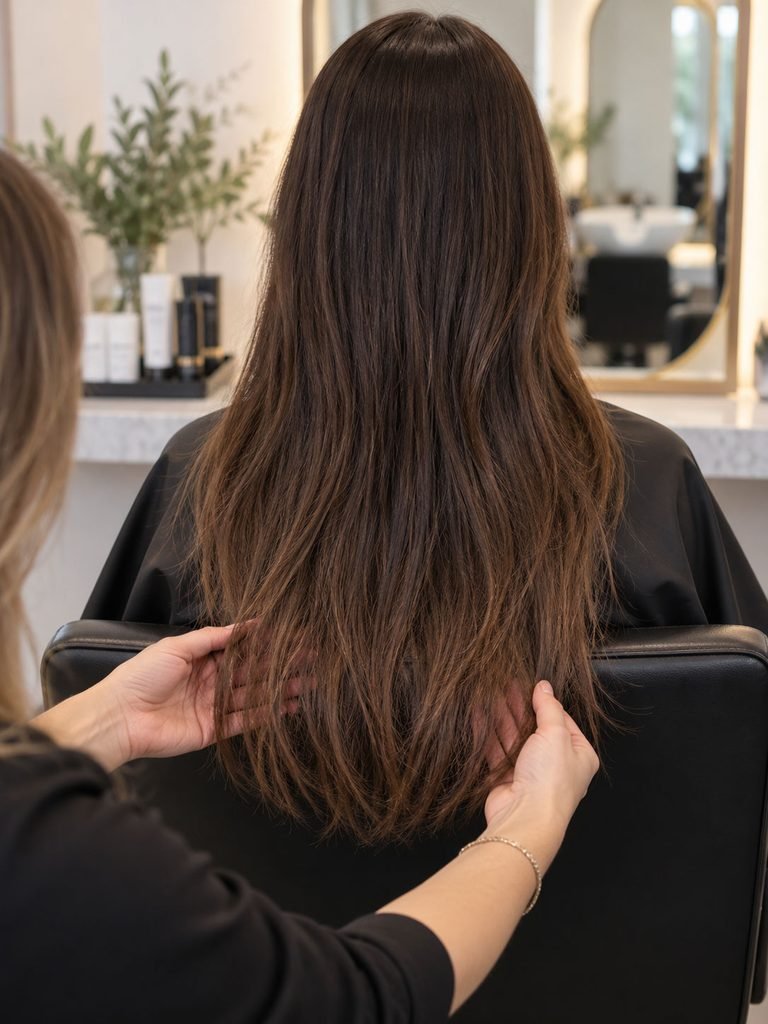 Long hair showing high density near the scalp and visibly lighter density through the lower ends