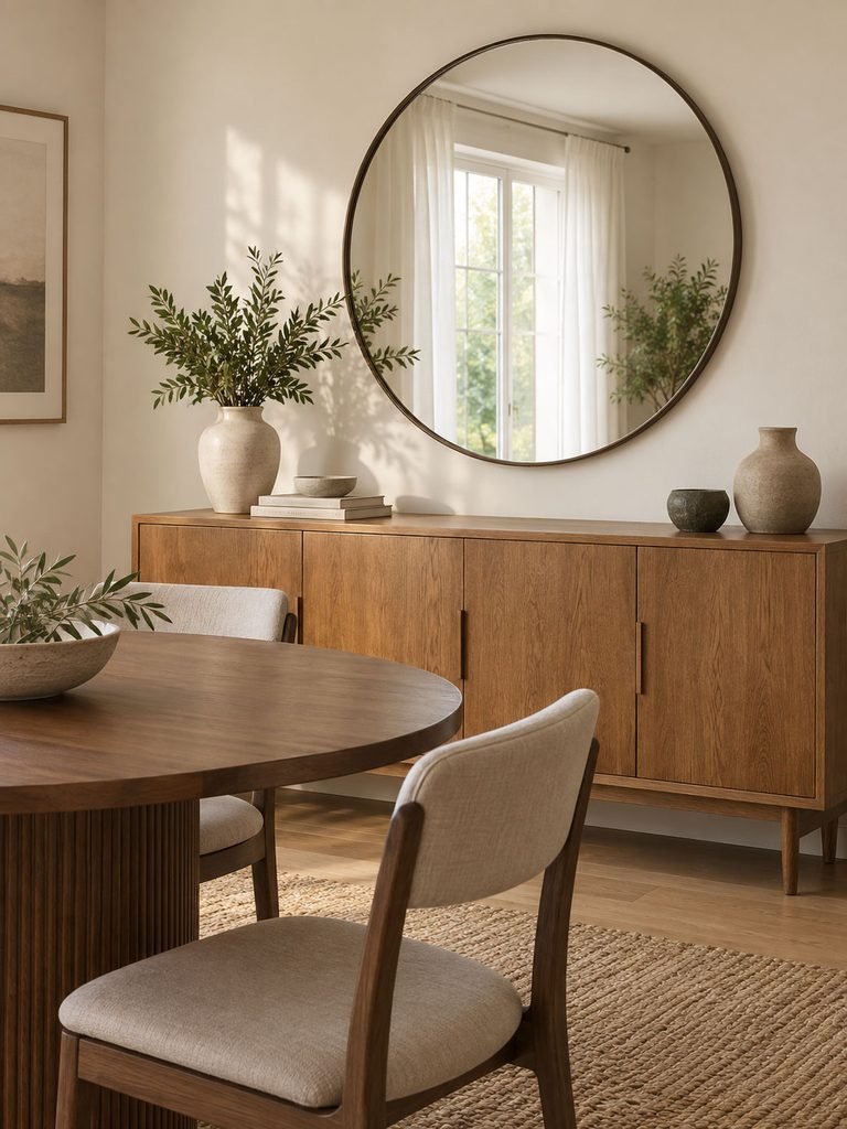 Large round mirror above a sideboard reflecting a bright dining room window