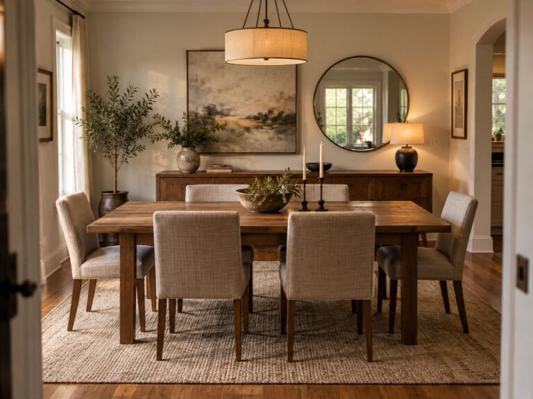 Warm dining room with large framed art, a round mirror and a wood sideboard