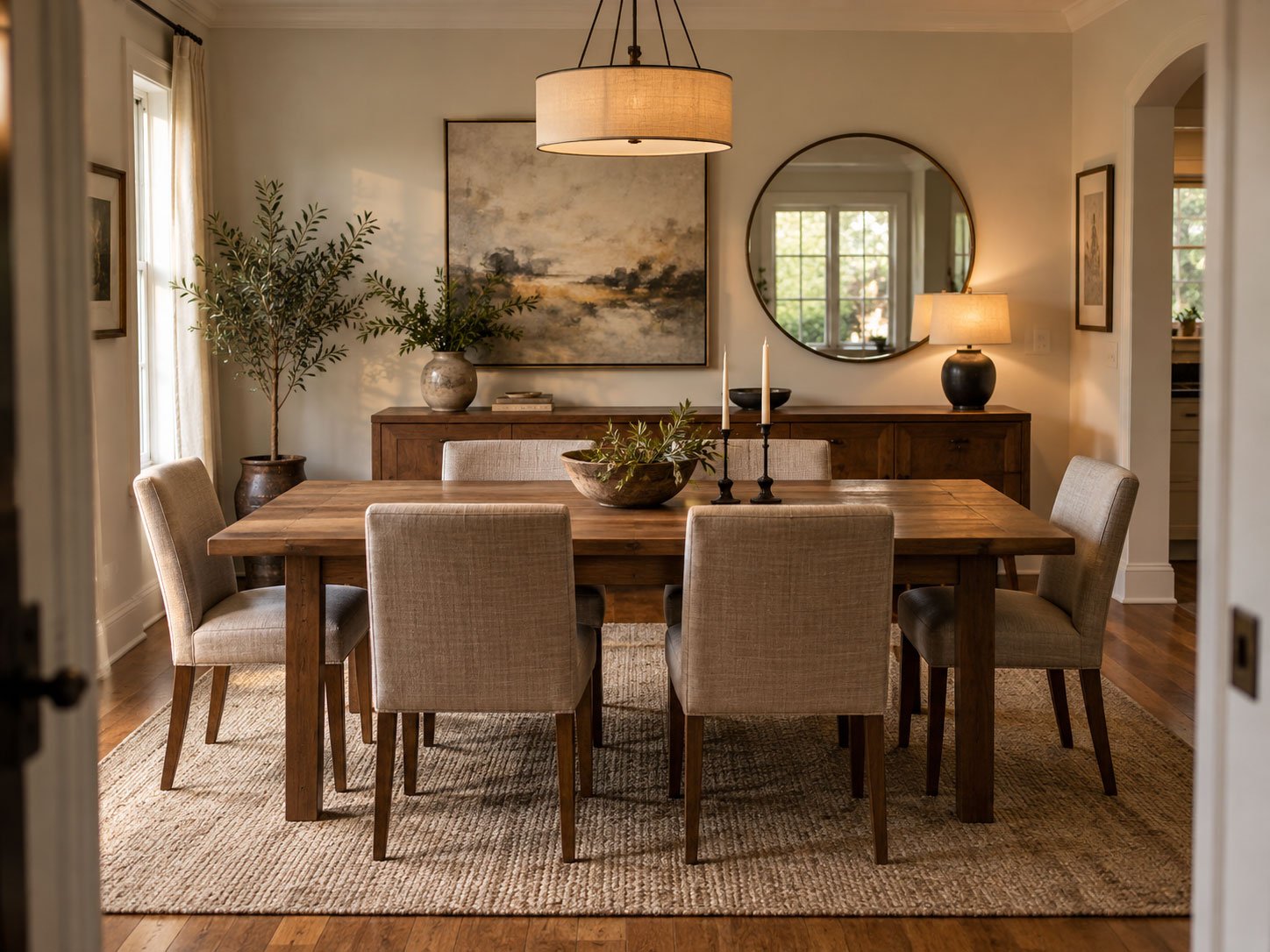 Warm dining room with large framed art, a round mirror and a wood sideboard