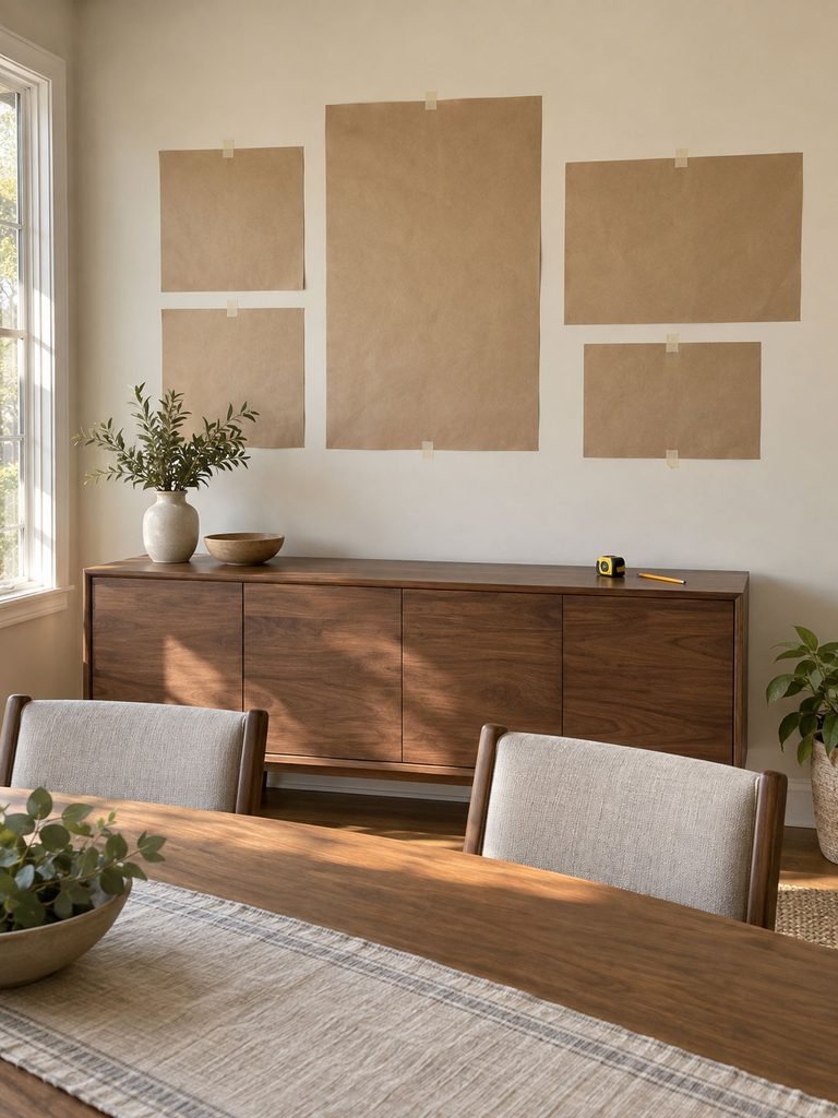Dining room with paper templates testing several wall decor sizes above a sideboard