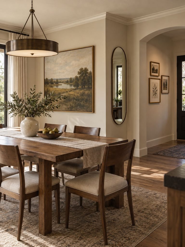 Dining room showing a large artwork, mirror and small gallery arrangement on separate walls