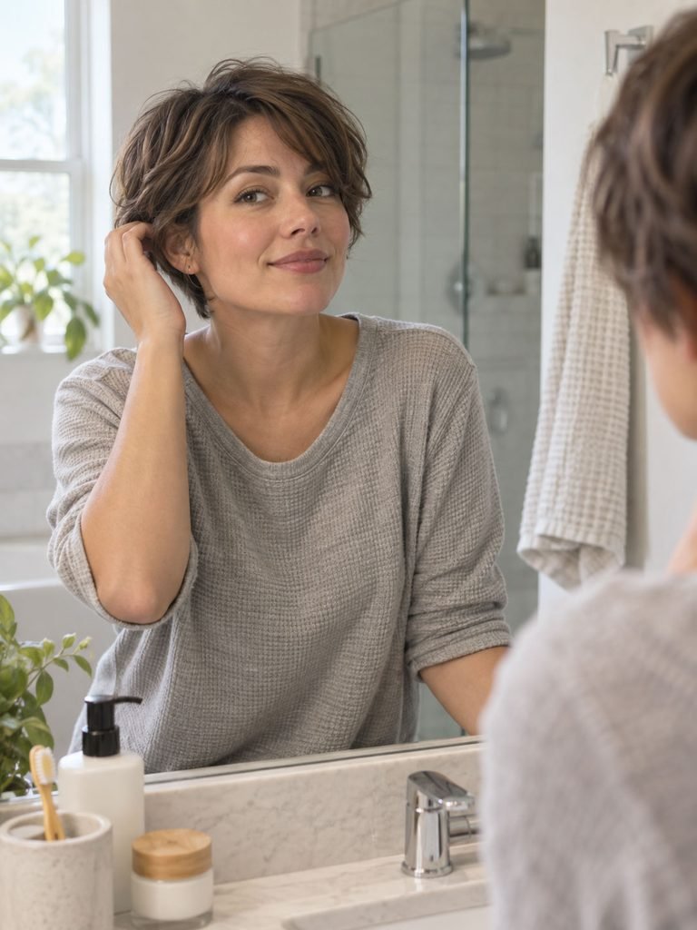 Woman wearing a naturally styled soft bixie during an ordinary morning routine