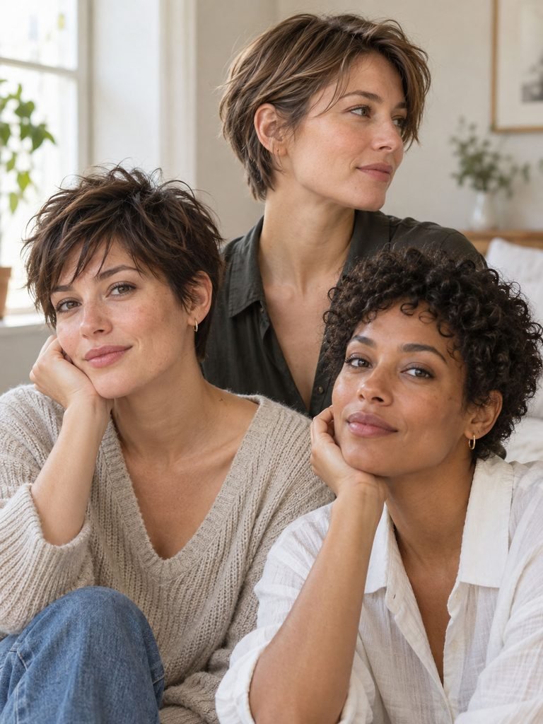 Three women wearing a soft pixie, grown out pixie and naturally textured short crop
