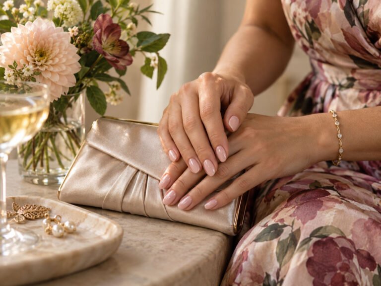 Soft blush pearl wedding guest nails beside a satin clutch and floral dress fabric