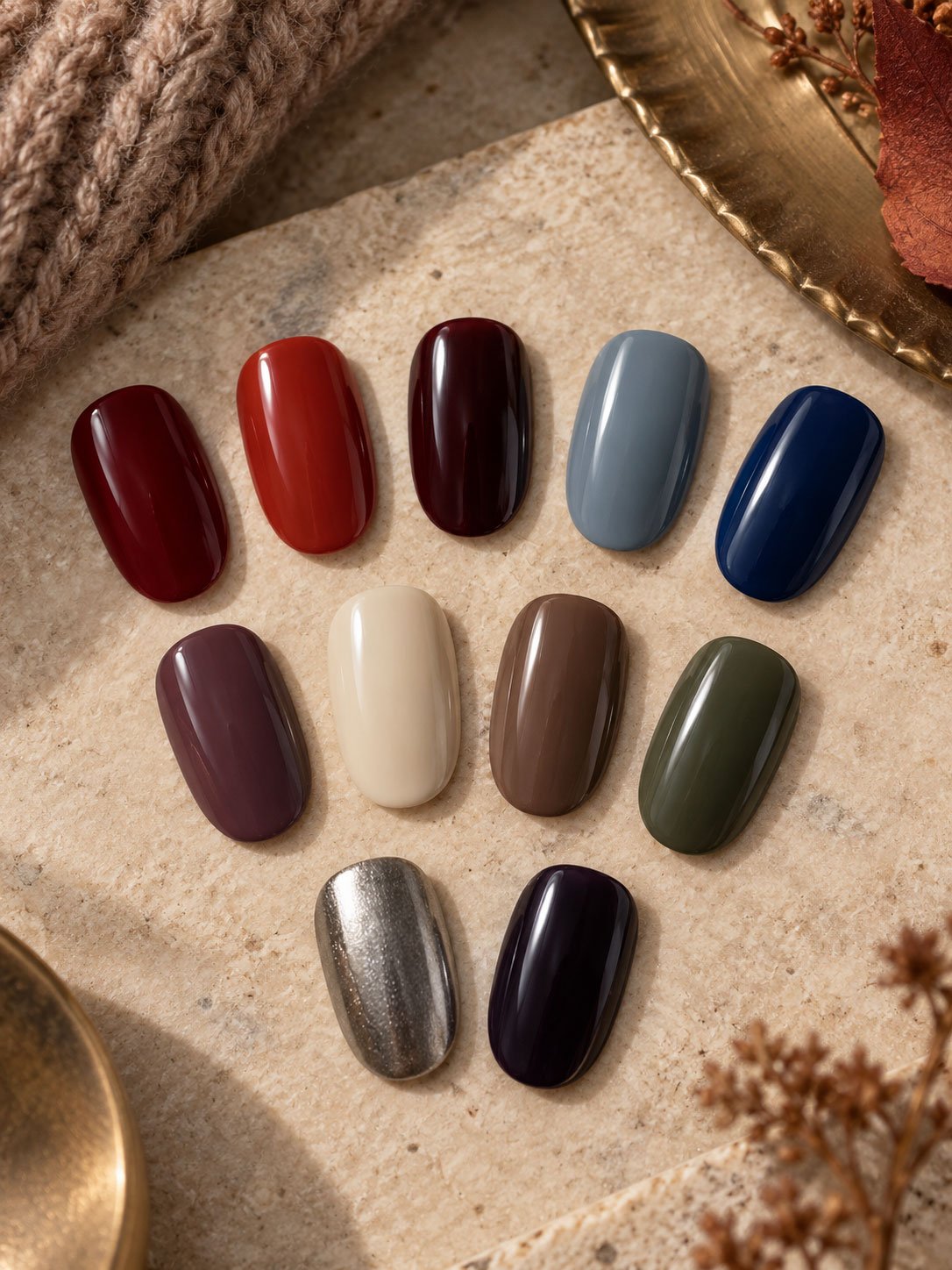 Eleven nail swatches in red, plum, blue, cream, brown, green, silver and deep purple