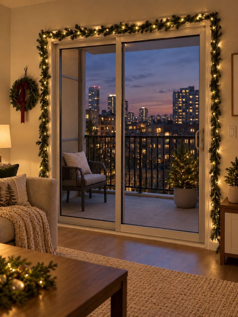 Sliding balcony door framed with slim Christmas greenery and warm lights without blocking the opening