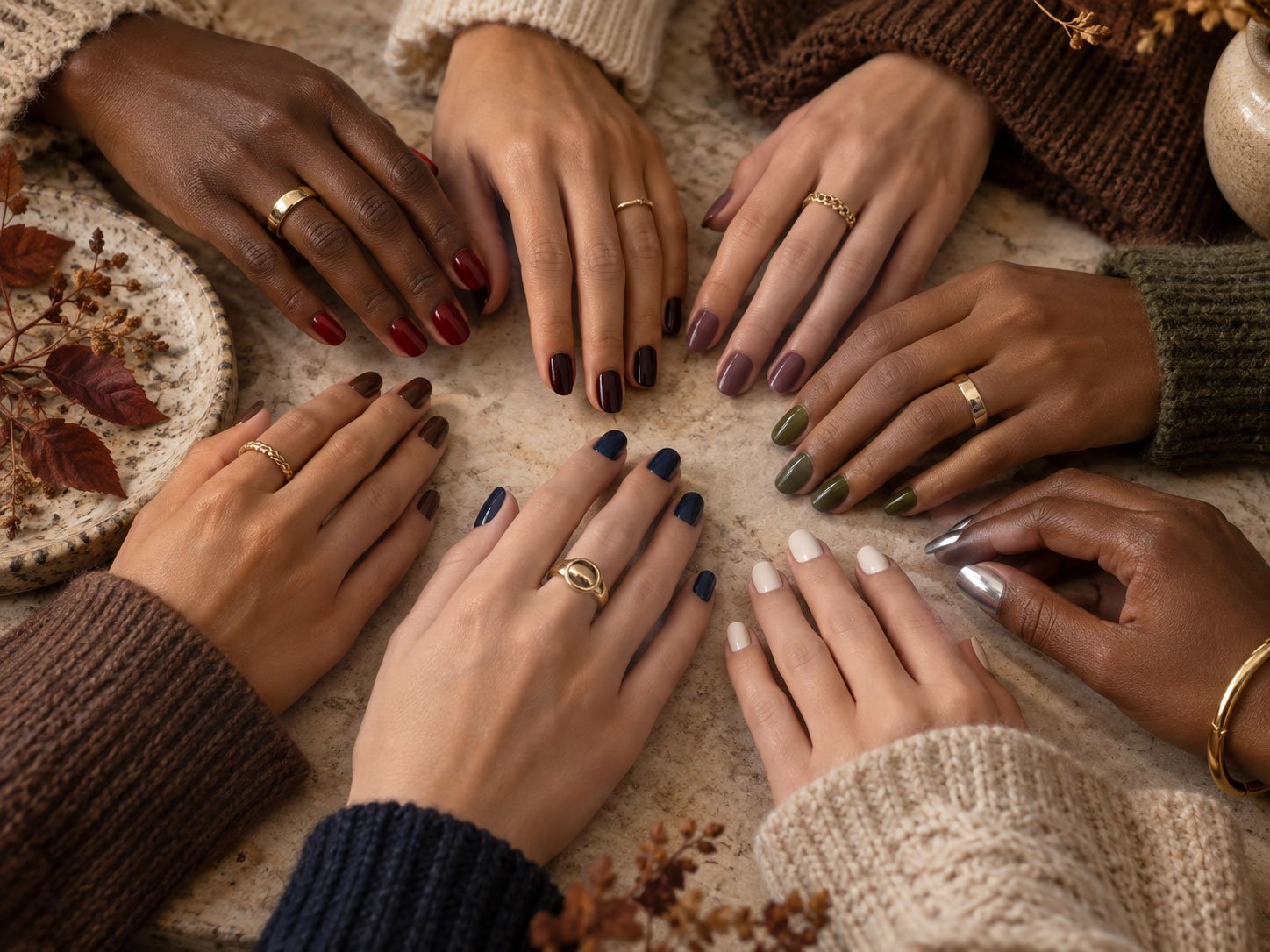 Hands with glossy crimson, plum, olive, brown, blue and silver fall manicures