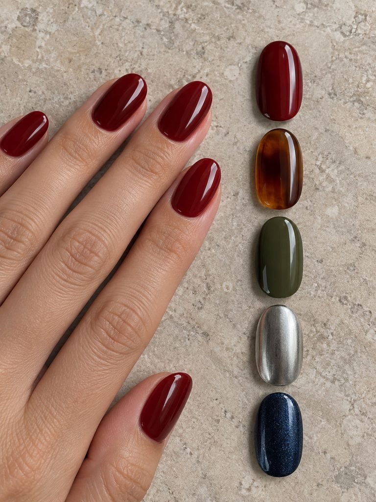 Nail swatches comparing cream, sheer, glossy metallic and reflective finishes in fall colors