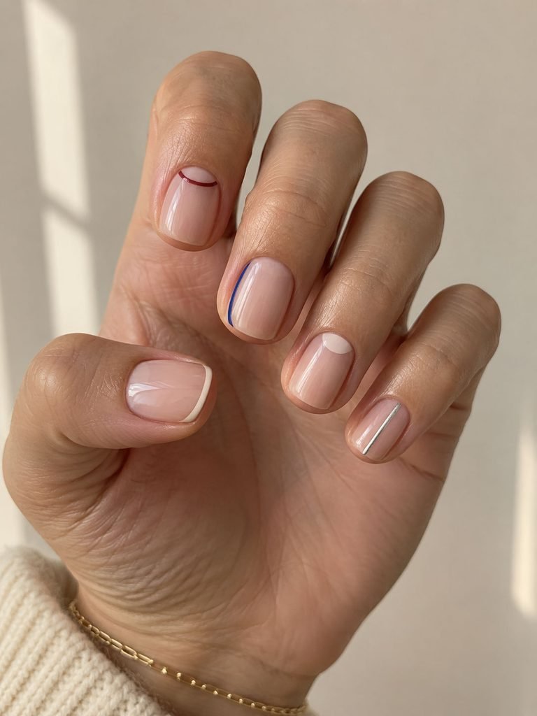 Five short nails showing micro French, reverse French, side French, a bare half moon and a vertical metallic line