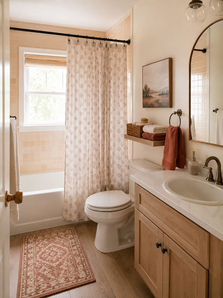 Finished small bathroom with clear floor, coordinated textiles and one decorative focal point