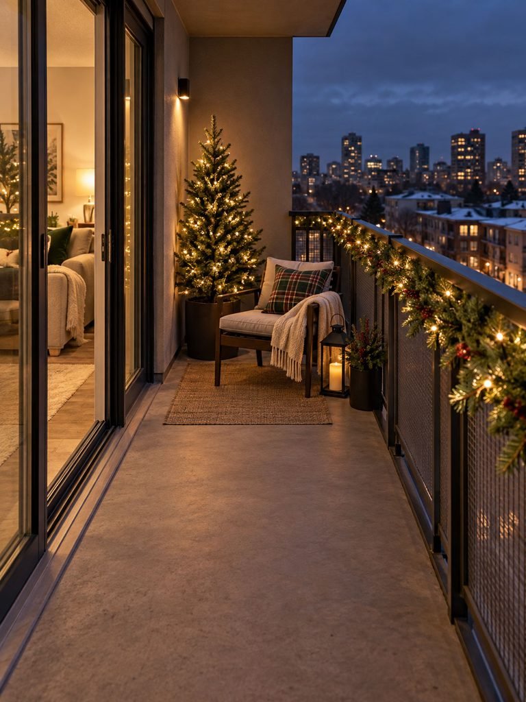 Balanced apartment Christmas balcony with one mini tree, railing lights, greenery, and open floor space