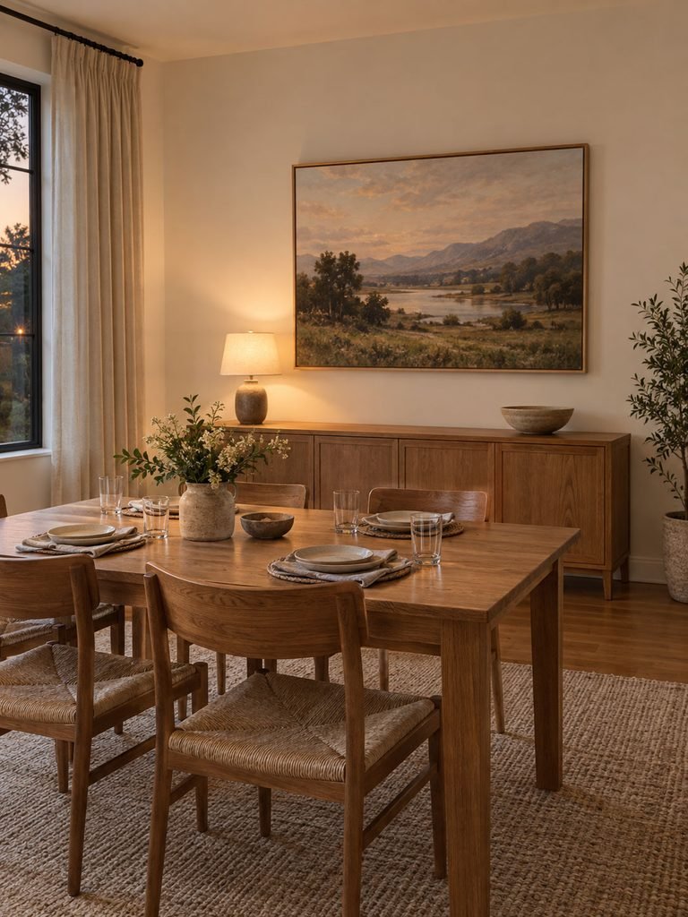 Simple dining room with one large artwork creating a calm focal wall