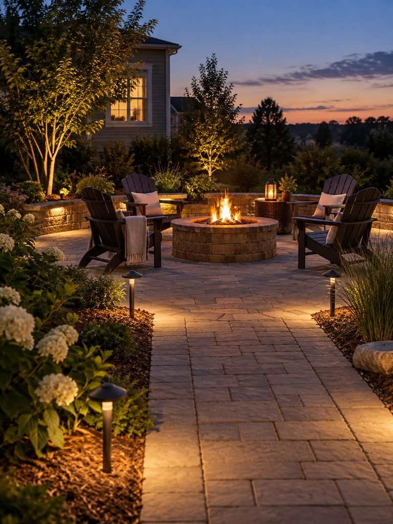 Backyard fire pit at dusk with low path lights marking a clear route to the seating area