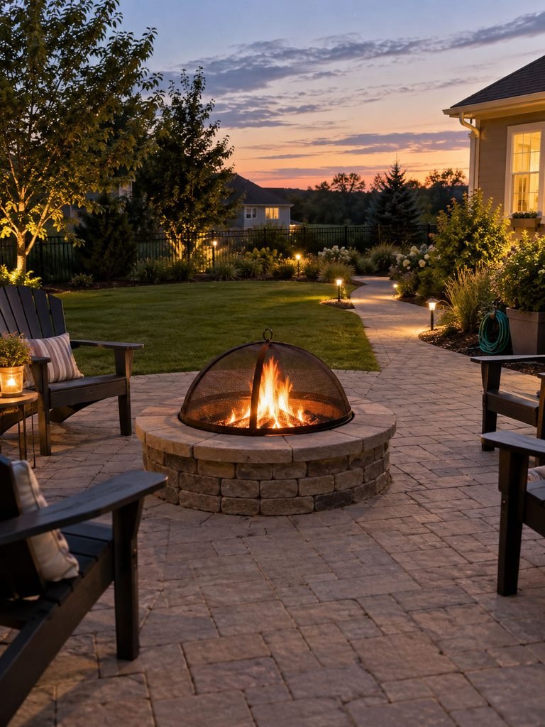 Wood burning fire pit with spark screen, clear seating area and water hose nearby