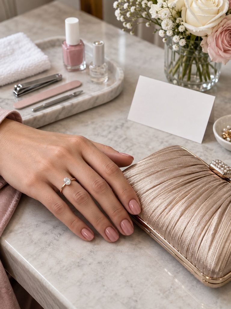 Freshly finished wedding guest manicure beside a clutch and salon tools