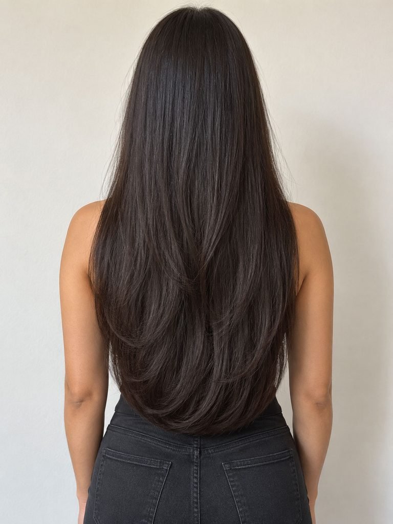 Back view of long thick hair with a strong full bottom edge and subtle internal movement